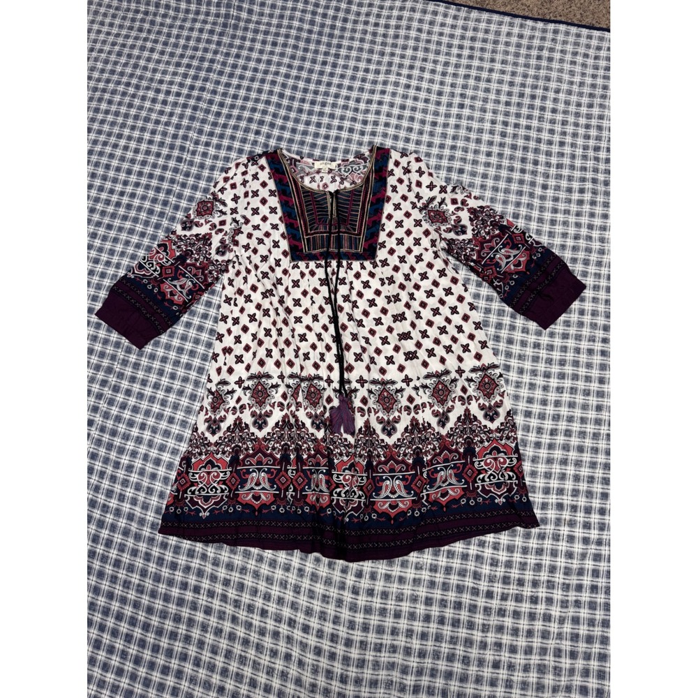 Umgee USA Boho Embroidered Tassel Tunic Dress Burgundy Navy Cream Size Small